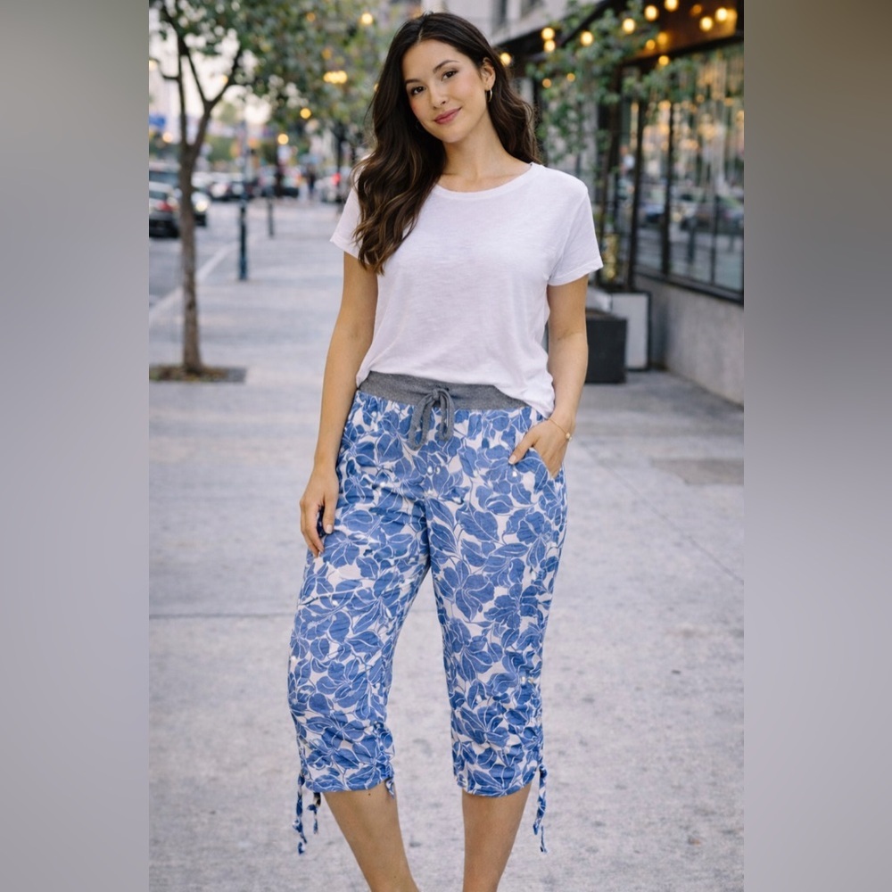 Dash Size S Blue Floral Capris Waistband‎ Cotton Beach Vacation Coastal Grandma